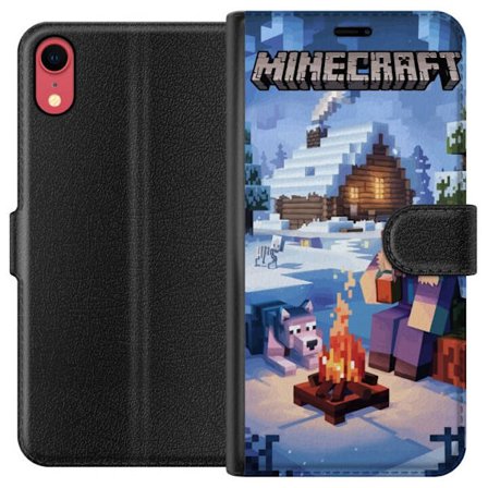 Kompatibelt Plånboksfodral till Apple Apple iPhone XR Minecraft vintermotiv med Steve, varg, lägereld och snöig stuga spelinspirerad illustration p