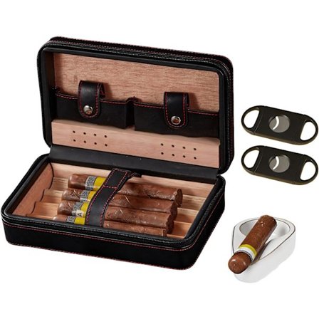 2025 Senaste Modell Cigarrfodral, Rese-Humidor, 4-Pack Svart Cederträ Läderfodral med Cigarrskärare, Luftfuktare, Asfat och Handduk för Män