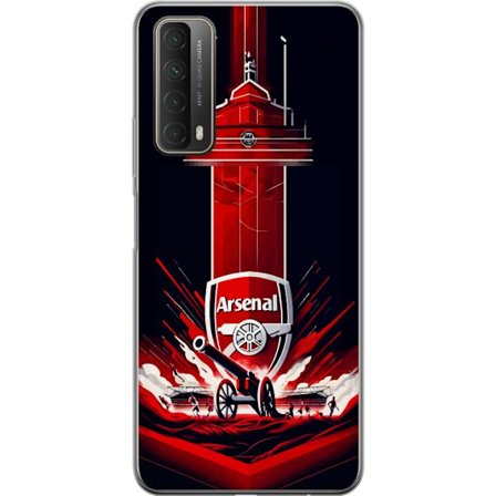 Yhteensopiva Puhelinkuori Huawei P smart 2021 Arsenal-embleemi, jossa tykki ja stadionmotiivi voimakkaassa punaisessa ja valkoisessa urheilusuunnittel