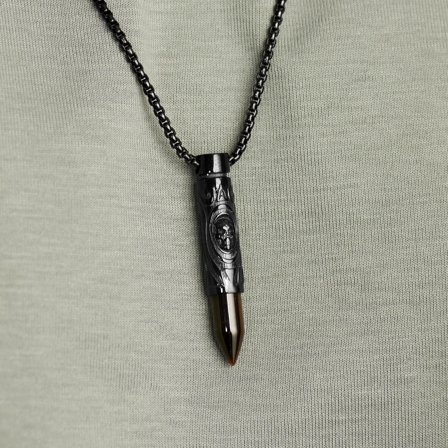 Rico Black Tiger’s Eye and Skull Bullet Pendant Necklace for Men - Steel necklaces