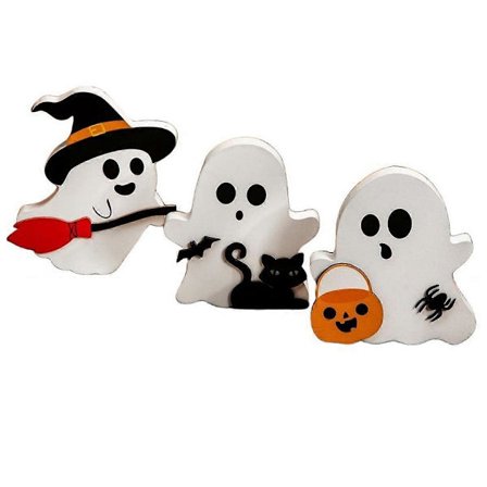 Halloween-dekorasjoner i flere nivåer innendørs, spøkelsesaktig tredekor, gresskarblokker, skilt for fest hjemmedekorasjon (sett med 3)