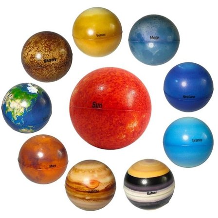 10 stk. stressballer med solsystem, planeter, hoppeballer for barn, klemmeballer i assorterte farger