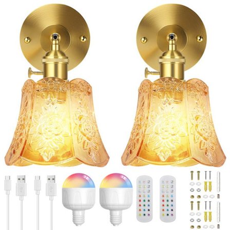 Vintage Væglampe Guld LED Trådløs (Pakke med 2) - Amber Glas RGBCW - Genopladelig