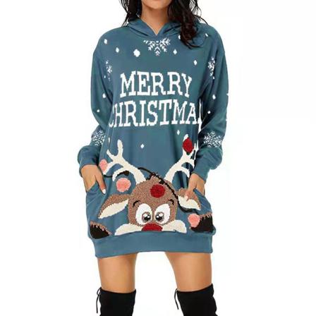 Jul Röd Klänning Kvinnor Hooded Pocket Deer Printed Långärmad