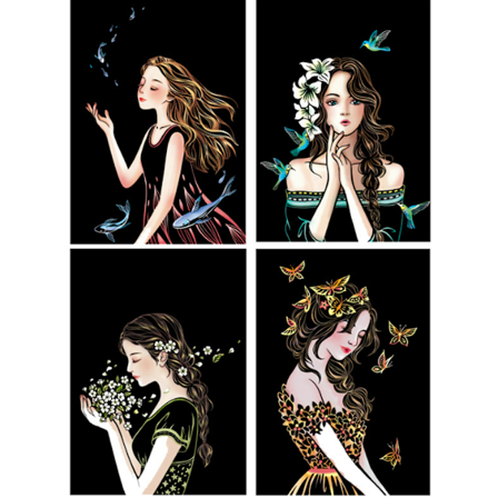 12 Farge Jente Dyr Skrape Maleri Bybilde Skrape Maleri DIY Kunst Håndlaget