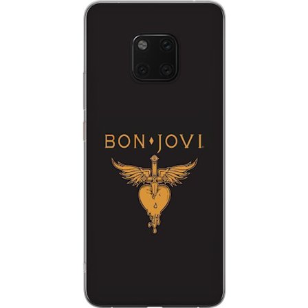 Kompatibelt Mobilskal till Huawei Huawei Mate 20 Pro Ikonisk musikillustration med bevingat hjärta och dolk i guldtoner på mörk bakgrund, kraftfull