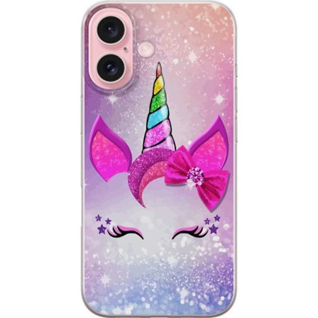 Kompatibelt Mobilskal till Apple Apple iPhone 16 Minimalistiskt enhörningsansikte med regnbågshorn, rosa bakgrund, glitterdetaljer och stilren desig