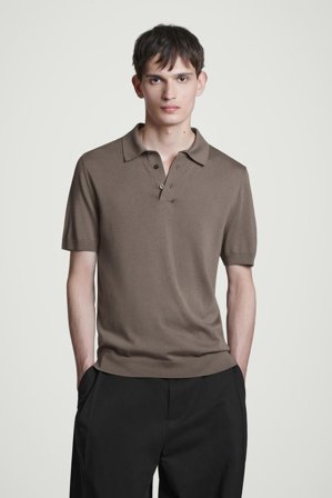 COS Men's Slim Knitted Silk Polo Shirt in Beige