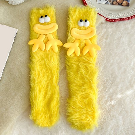 Par Dame Vinter Varme Termiske Midt-legg Sokker - Søtt Tegneseriefigurdesign med Uttrykksfulle Øyne & Munner, Mykt Tykt Stoff