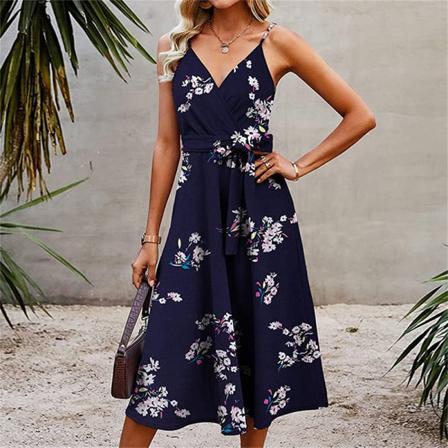 Dam V-hals Lång Klänning Strappy Summer Beach Sundress