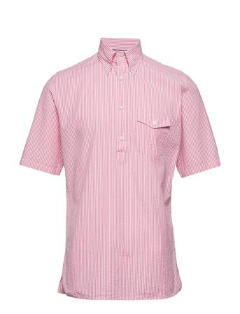 Navy Striped Seersucker Short Sleeve Popover Shirt Pink Eton