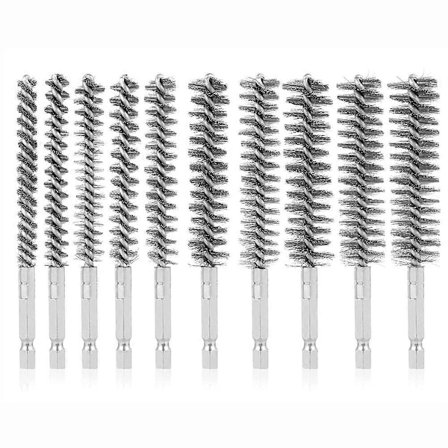 10 stk. rustfrie stålbørster i forskjellige størrelser 1/4 tommers sekskantskaft, trådbørstefeste for drill