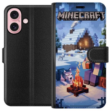 Kompatibelt Plånboksfodral till Apple Apple iPhone 16 Minecraft vintermotiv med Steve, varg, lägereld och snöig stuga spelinspirerad illustration p