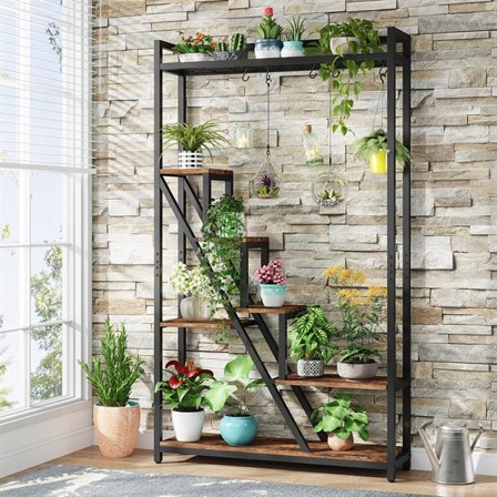 Plantehylle i tre og metall med 7 nivåer 180 cm – Vintage brun / svart