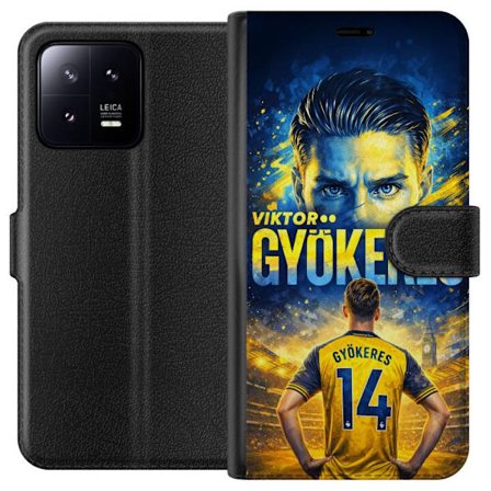 Kompatibel Tegnebogsetui til Xiaomi Xiaomi 13 Viktor Gyökeres fodboldplakat i gul og blå farve med dramatisk stadionbaggrund, sportsillustration for