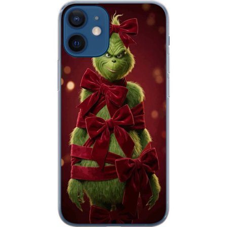 Yhteensopiva Puhelinkuori Apple Apple iPhone 12 mini Grinchi-hahmo koristeltu punaisilla samettinauhoilla juhlavassa studiossa, leikkisällä ja humor