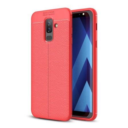 Samsung Galaxy A6 Plus beskyttelsesetui i plastik og silikone med nupret Litchi overflade - Rød Red