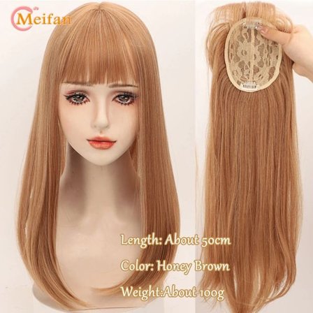 MEIFAN Långt rakt hår Toppers Clip Hair Extensions Syntetiskt hår Topper Natural Black Brown 3-Clip with Bang Fake Hairpiere