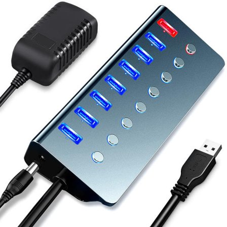 Strømdrevet USB-hub, 7-porters USB-hub med strømforsyning 3.0| Multi USB-portutvider med på/av-bryter og 5V/3A strømadapter for bærbar datamaskin...