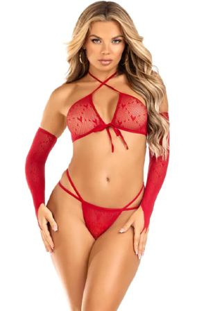 Leg Avenue: Crop Top, G-String & Gloves Red - Vuxen: Lingerie & undertøy