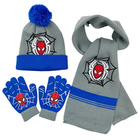 3-delt Spider-Man Vinter Sæt til Børn - Varm Pom-Pom Hue, Snehandsker & Halstørklæde til Drenge & Småbørn, med Tilbehør