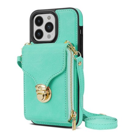 Etui til iPhone 13 Pro Max grøn lanyard lynlås crossbody spænde pung stativ multi kort fuld p