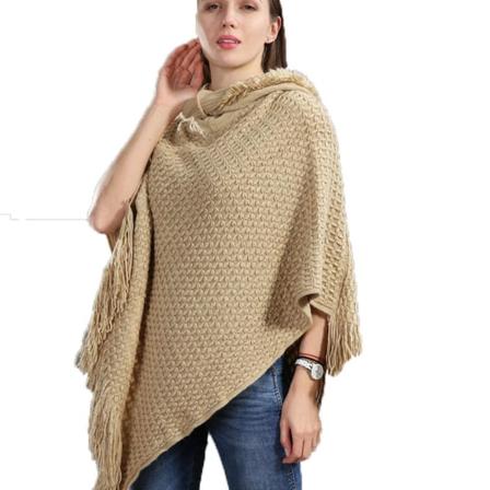 Hoodie Pullover Poncho med tofs Lös tröja Coat Stickning Cape for Lady