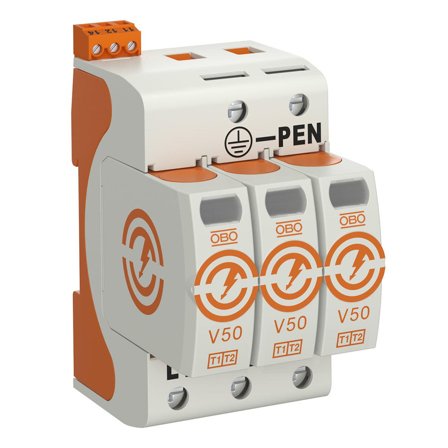 Obo Bettermann 5093516 Overspenningsvern for anlegg med askebeskyttelse Type: V50-3+FS-280, med fjern, 3 poler, Stikkontakter & kabler