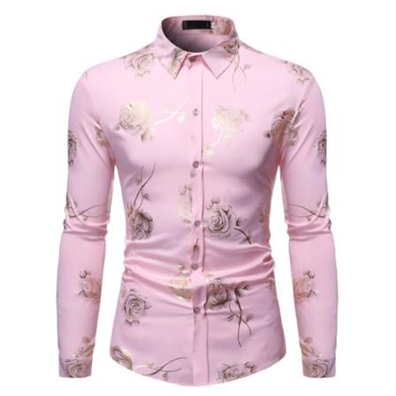 Herr 3d Rose Printed Party Skjorta Pink M