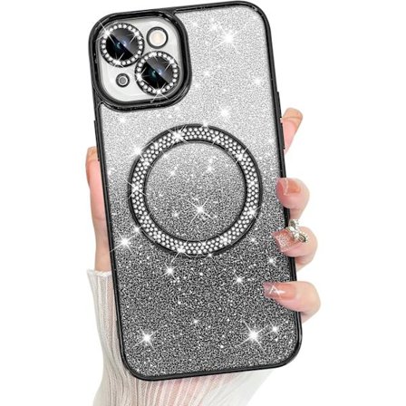 IPhone 15 -kotelo 6,1 tuuman kotelo MagSafe-tuella, pinnoitettu timanttiglitter magneettikotelo näytönsuojalla ja kameran suojakannella