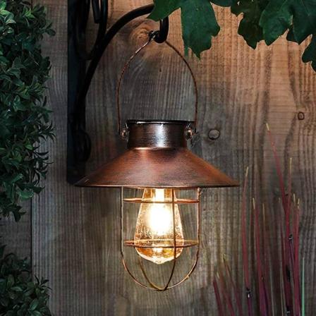 Vintage metal udendørs hængende solcellelygte med varme LED-lys til gård, have, terrasse, træ, solcellelandskabsbelysning, vintage kobber
