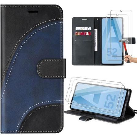 Etui til Samsung Galaxy A52s 5G og A52 5G-4G, sort, bølgemønster PU-læder + 2 hærdede briller Svart, Marinblå