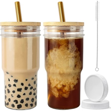Återanvändbar Boba Cup Smoothie Tumbler Glas Bubble Tea Cup, 2 Pack Bred Mun 22oz Iced Coffee Glasse Cup Med Bambulock Och Sugrör, Mason Jar Cup 
