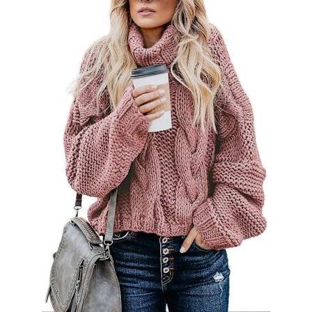 Kabelstrikket turtleneck-genser for kvinner, avslappet tykk langermet topp pullover