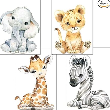 Sett med 4 plakater for barnerom - A4 Tiger & Zebra Giraff Format, Gutt- & Jenteromsinnredning, 21x30cm.-FF-