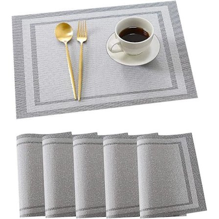 Dækkeservietter Sæt med 6, PVC Skridsikre Varmebestandige Spisebordsmåtter Vaskbare Vævede Bordskånere (30 x 45 cm Sølv)