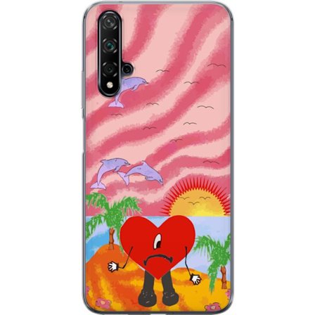 Kompatibel Mobilcover til Huawei nova 5T Bad Bunny i en farverig quiltet jakke med hjertemønster og solbriller i moderne gade stil