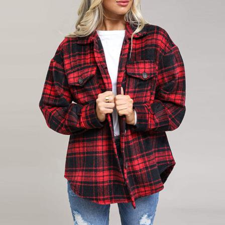 Kvinnor Pläd Ylle Öppna Front Button Down Lapel Neck Jackor