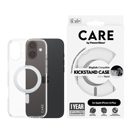 CARE by Panzer Feature Case Transparent w. Silver Kickstand & MagSafe iPhone 16 Plus PanzerGlass - High quality tempered glass screen protector