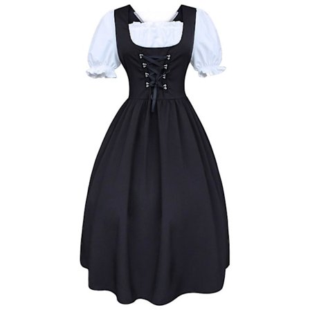 S-5xl Dame Midi Dirndl Kjole 2-delt Med Forkle Og Bluse Svart Hvit