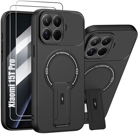 Etui + 2 Glaser Med Ørnede til Xiaomi 15T Pro, Silikonebeskyttelse med Magnetisk Ring og Støtte - Sort