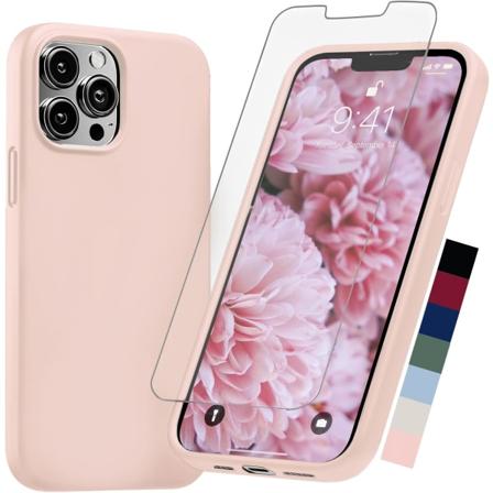 Yhteensopiva iPhone 13 Pro Max -kotelon kanssa, vaaleanpunainen silikoni näytönsuojalla [pudotustestattu 6 jalkaa] Ohut suojakotelo mikrokuidulla
