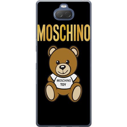 Kompatibelt Mobilskal till Sony Sony Xperia 10 Plus Moschino-inspirerad nallebjörn med text på tröjan, centrerad mot svart bakgrund med tydlig mode