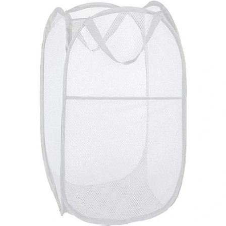 75L Deluxe Stark Mesh Pop-up Tvättkorg med Sidoficka för Tvättstuga, Badrum, Barnrum, Studentboende eller Resor Vit, 36x36x60cm