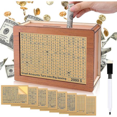 Pengeboks i tre, Sparingboks for mynter, Sparingboks med sparemål, Retro Sparingboks for barn og voksne [DmS]