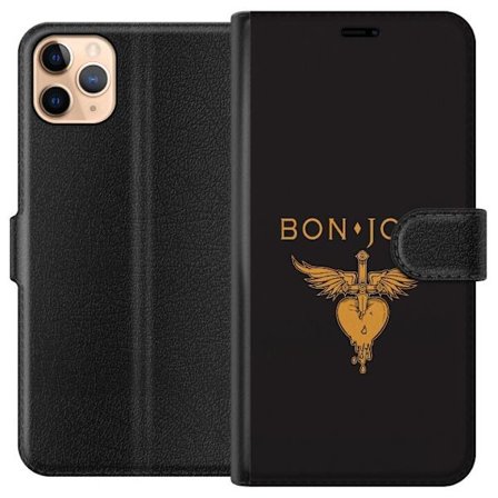 Kompatibelt Plånboksfodral till Apple Apple iPhone 11 Pro Max Ikonisk musikillustration med bevingat hjärta och dolk i guldtoner på mörk bakgrund,