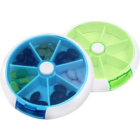 2 stk Pilleboks, Bærbar Automatisk Roterende Rund 7 Dagers Pilleesker Skuff Medisinboks Holder Grønn og Blå