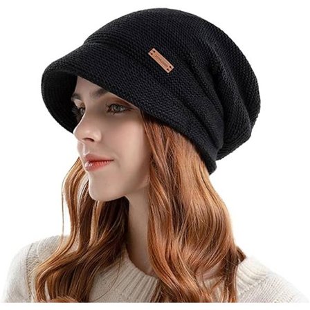 Naisten löysä neulottu talvihattu, lämmin fleecevuori, beanie-hattu, venyvä kallohattu visiirillä, musta