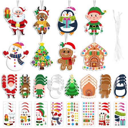 Julgransdekorationer Set för barn, Bedårande tecknade hängande ornament med gratulationskort och klistermärken i OPP-förpackning