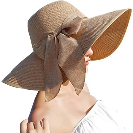 Dame bredbremmet stråhatt (lys brun), fold og rull hatt, strand solhatt, UPF 50+.